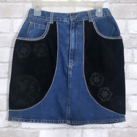 Patchwork Native American High Rise Denim Skirt - Picture 1 of 8